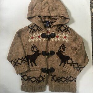 Baby Gap Button Up Knit Sweater Pockets Hooded Reindeer Moose Sz 3 Unisex Beige